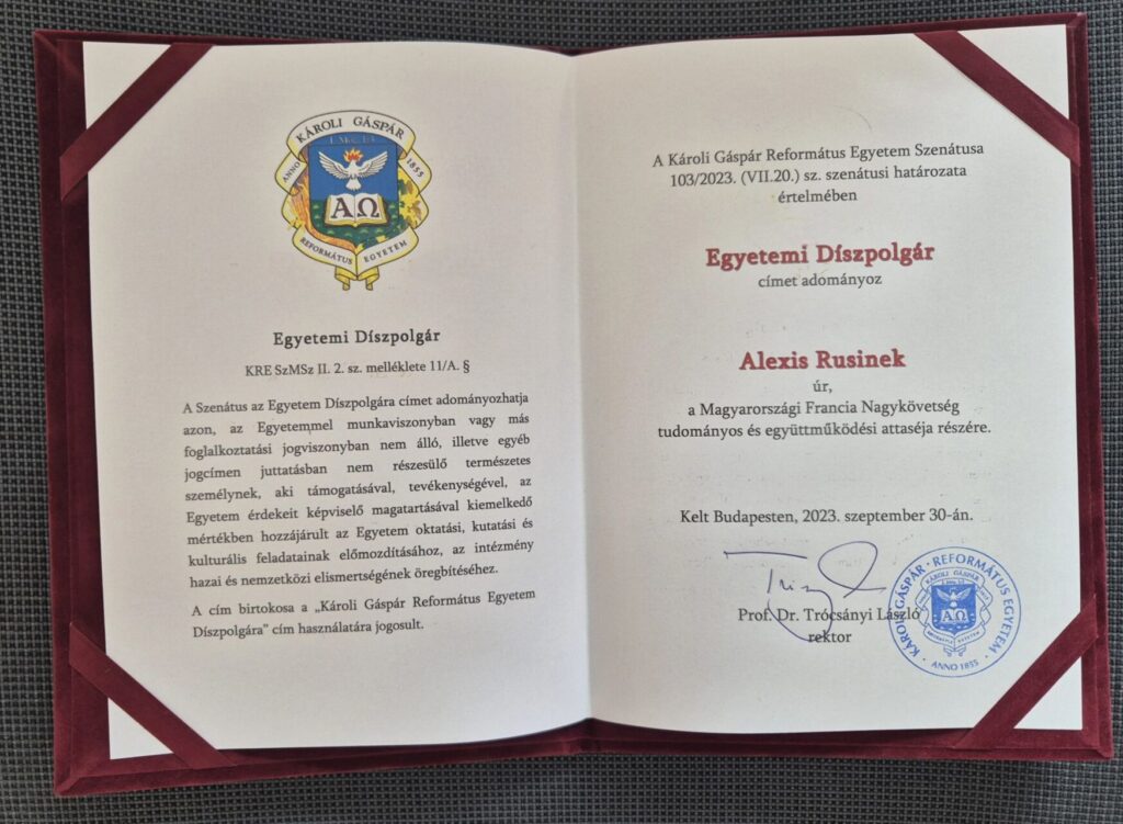 Alexis Rusinek reconnu citoyen d&rsquo;honneur de l&rsquo;Université Károli Gáspár
